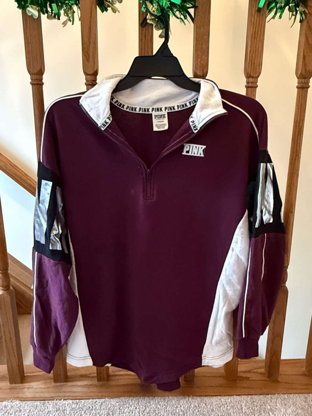 PINK Victoria's Secret Maroon, White & Silver Oversized Quarter-Zip [M]